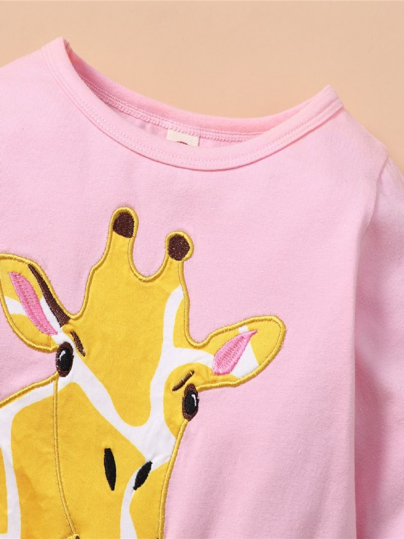 Sød Tegneserie Langærmet Giraf-kjole Med Rund Hals Pink Top Åndbar Behagelig Skjorte Nederdel Letvægts Pigekjole Blød Elegant Bluse