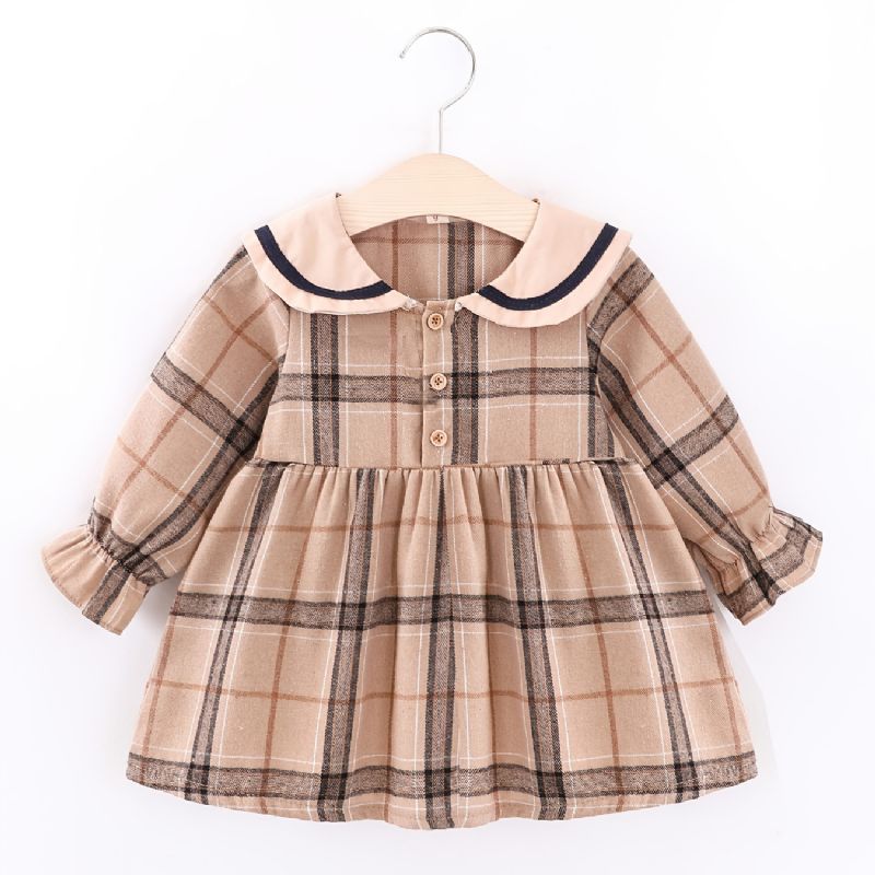 Spædbørn Baby Piger Plaid Kjole Langærmet Lapel Princess Dress & Bear Bag Børnetøj