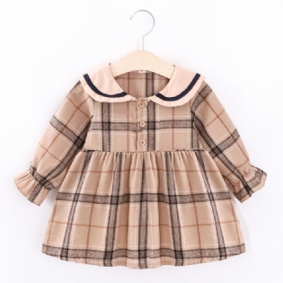 Spædbørn Baby Piger Plaid Kjole Langærmet Lapel Princess Dress & Bear Bag Børnetøj