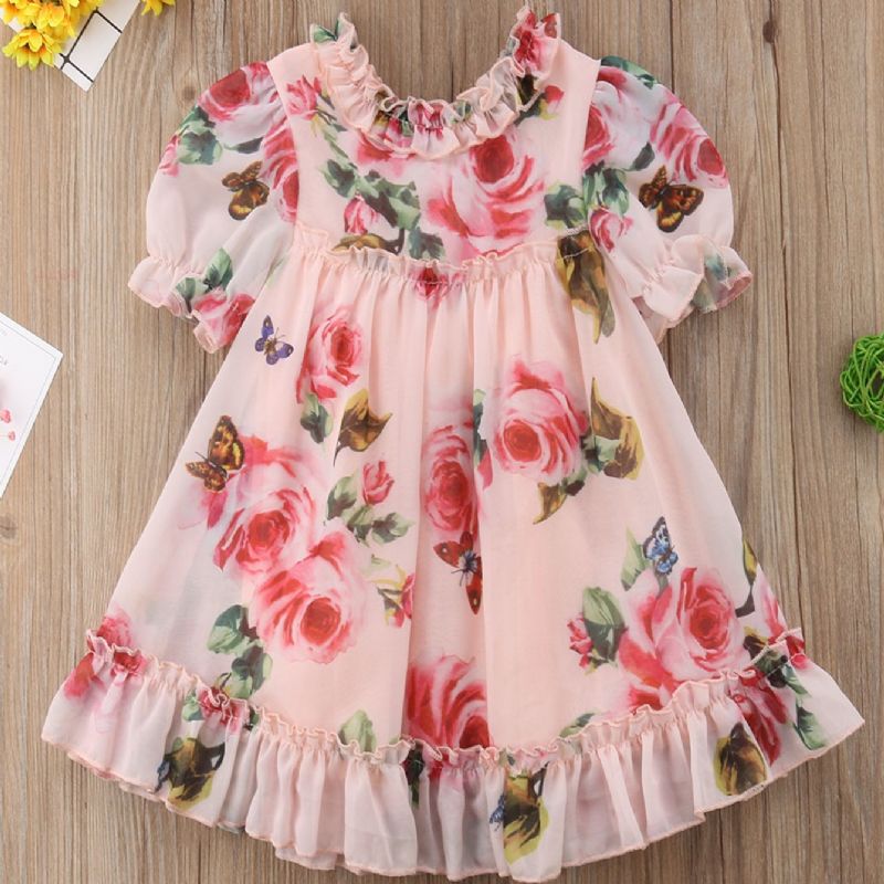 Toddler Baby Piger Flæser Kjole Pufærmer Blomster Print Prinsesse Børnetøj