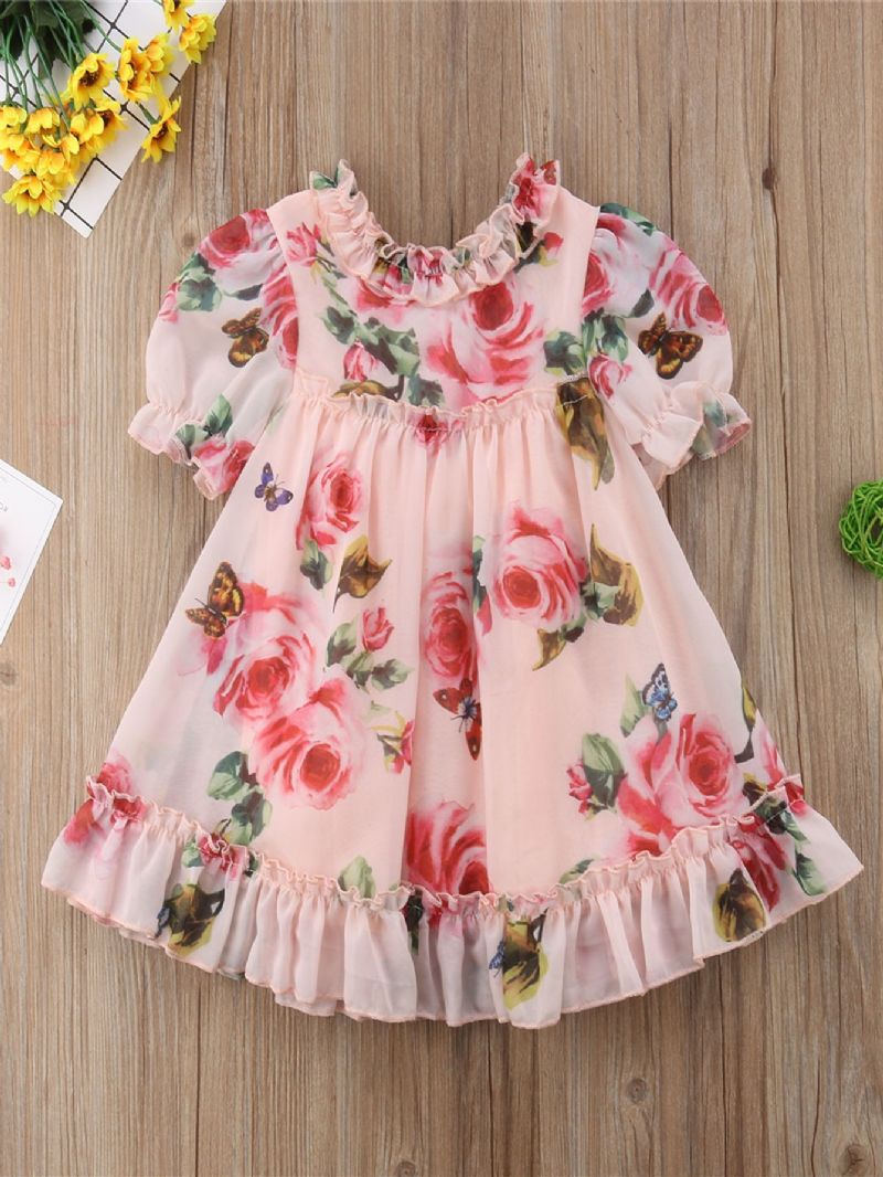 Toddler Baby Piger Flæser Kjole Pufærmer Blomster Print Prinsesse Børnetøj