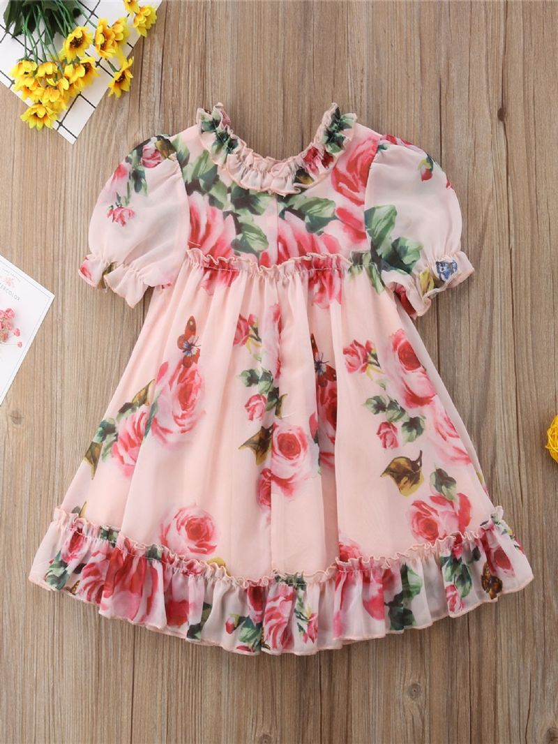 Toddler Baby Piger Flæser Kjole Pufærmer Blomster Print Prinsesse Børnetøj