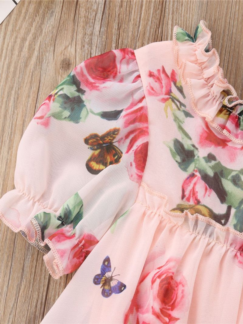 Toddler Baby Piger Flæser Kjole Pufærmer Blomster Print Prinsesse Børnetøj