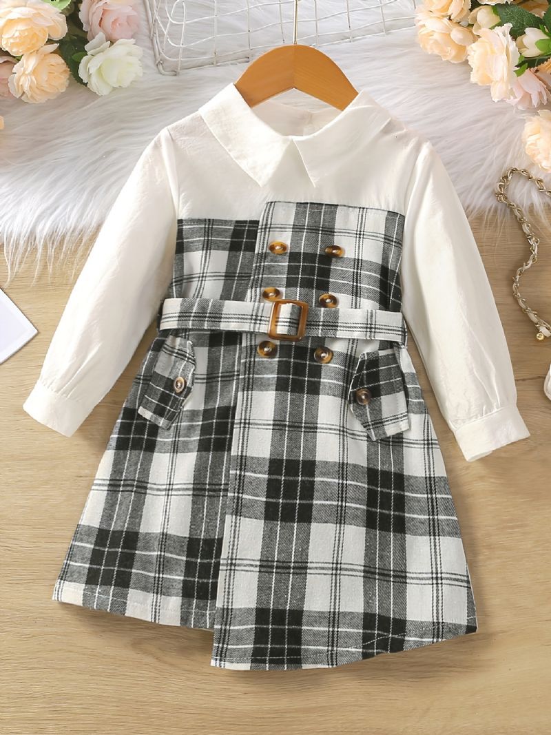 Toddler Baby Piger Syning Plaid Lapel Langærmede Kjole