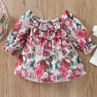 Toddler Piger Flower Print Flæsehals Kjole