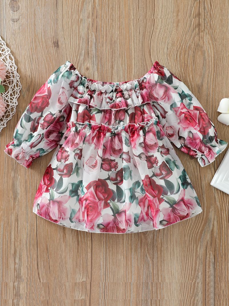 Toddler Piger Flower Print Flæsehals Kjole