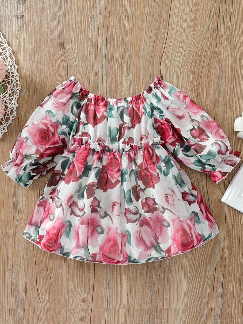 Toddler Piger Flower Print Flæsehals Kjole