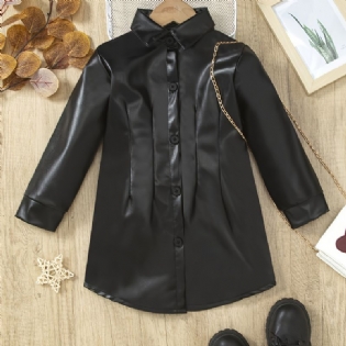 Vinterpigers Ensfarvede Lapel Collor Pu-læderkjole