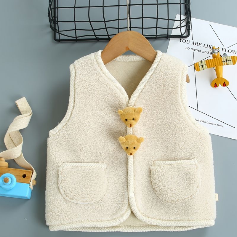 Baby Piger Pocket Fleece Varm Cardigan Vest Bamse Decor Børnetøj