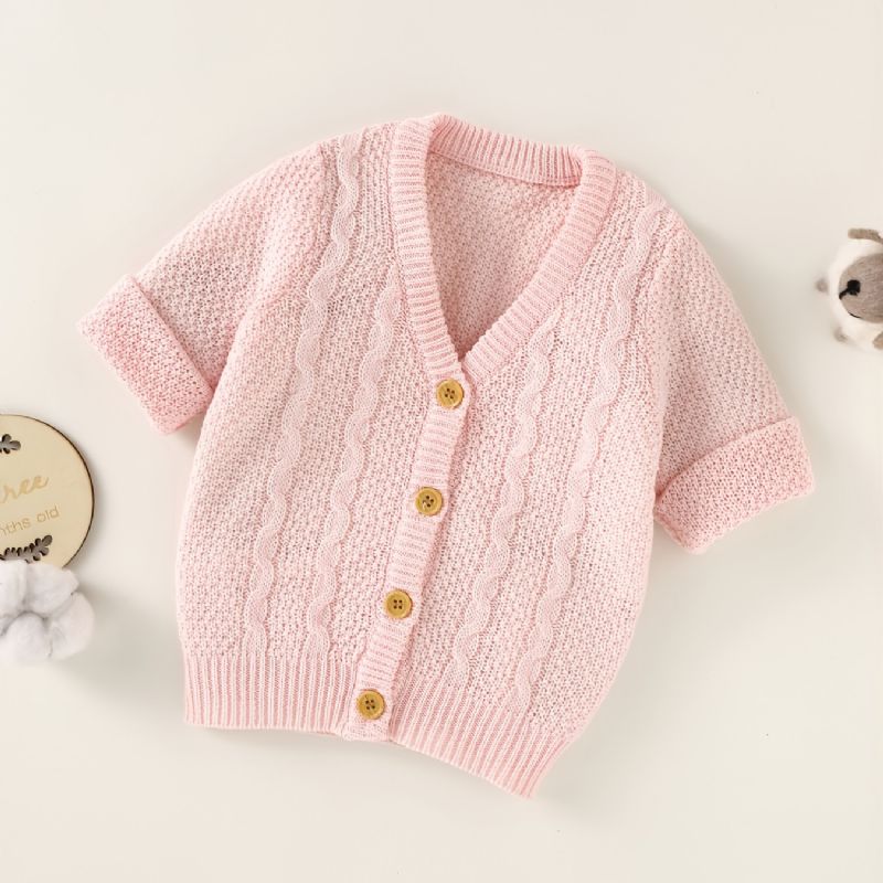 Børn Toddler Baby Piger Solid Stripe Cable Strik Cardigan Med V-hals