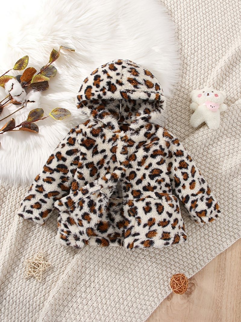 Piger Afslappet Leopardprint Hættejakke Blød Fleece Termisk Cardigan Outwear Til Vinter