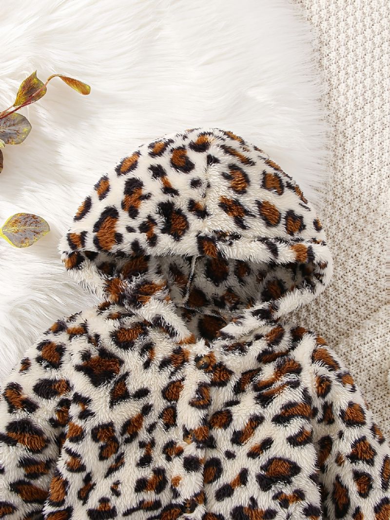 Piger Afslappet Leopardprint Hættejakke Blød Fleece Termisk Cardigan Outwear Til Vinter