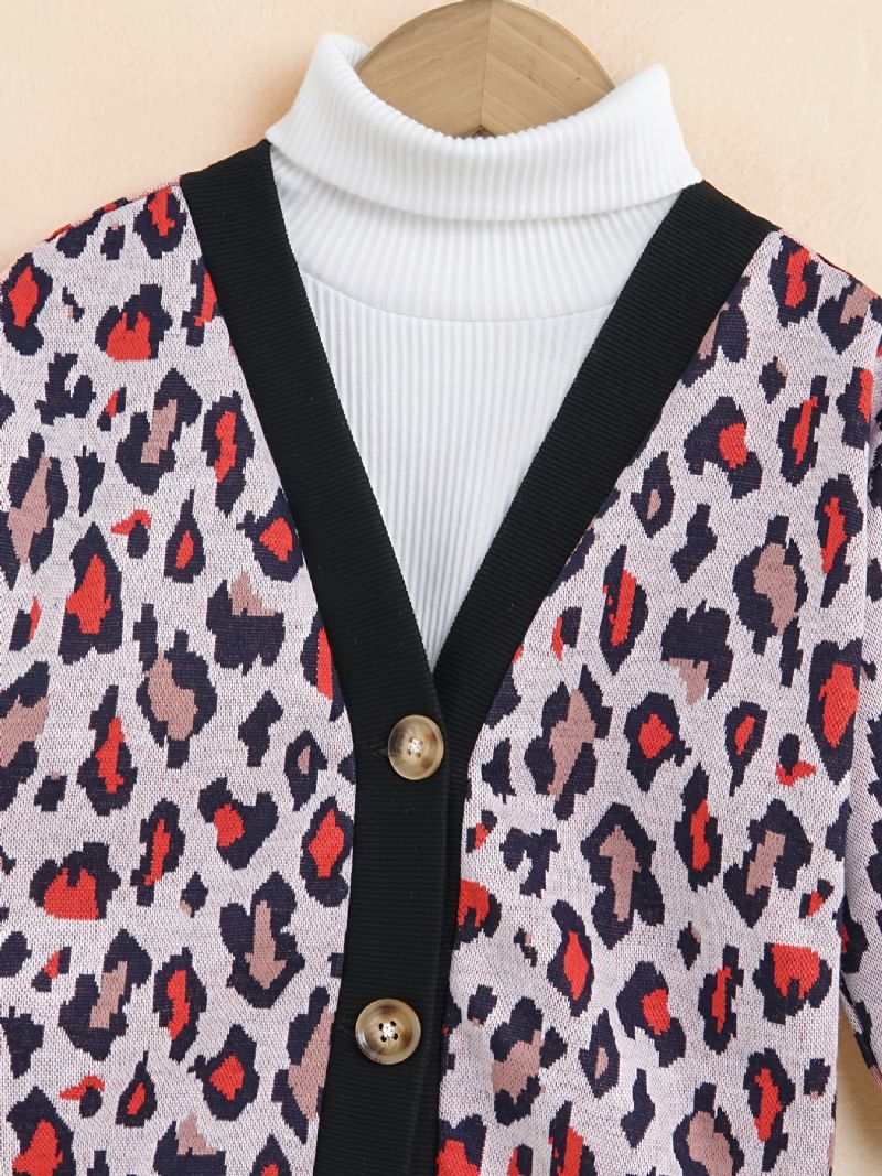 Piger Leopard Mønster V-hals Knap Foran Cardigan Børnetøj