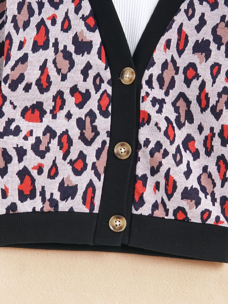 Piger Leopard Mønster V-hals Knap Foran Cardigan Børnetøj