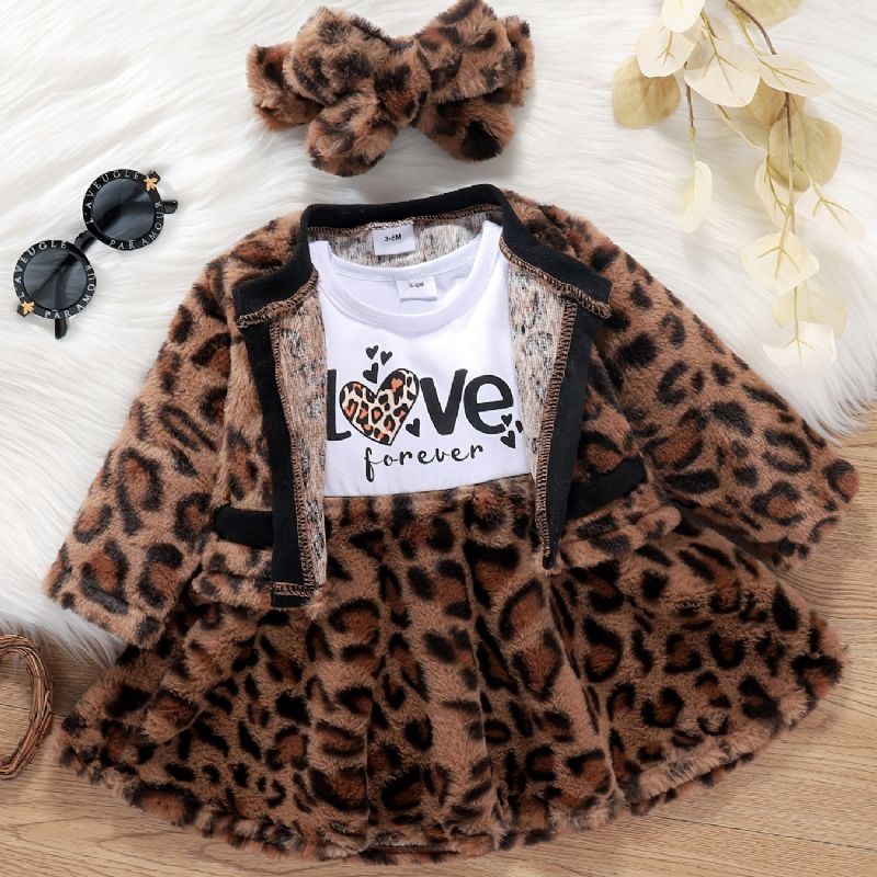 Piger Leopard Print Overall Kjole + Cardigan + Pandebånd Outfit Baby Børnetøj