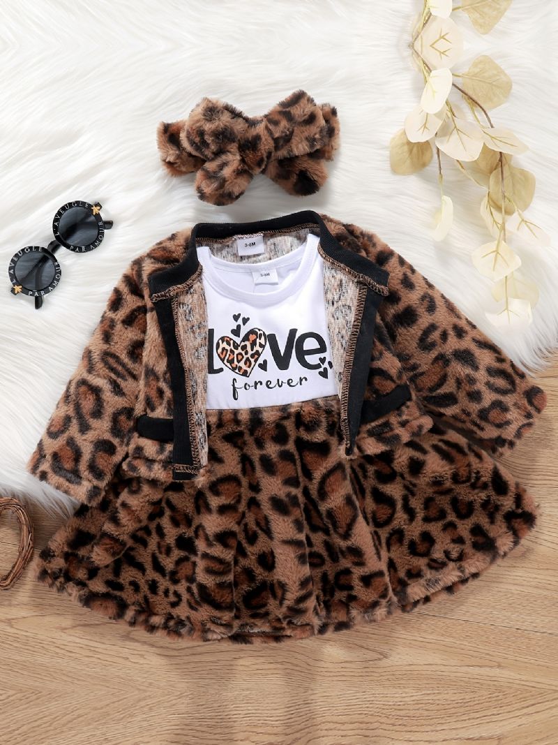 Piger Leopard Print Overall Kjole + Cardigan + Pandebånd Outfit Baby Børnetøj