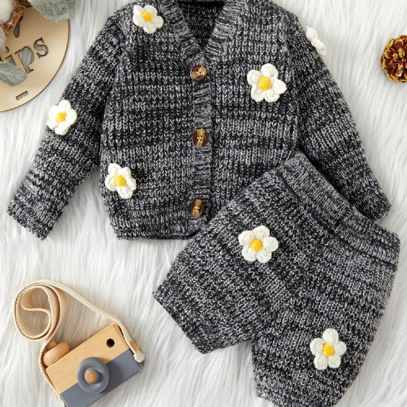 Unisex Baby Blomsterdesign Strik Sweater Cardigan + Matchende Bukser Sæt Babytøj Til Vinter