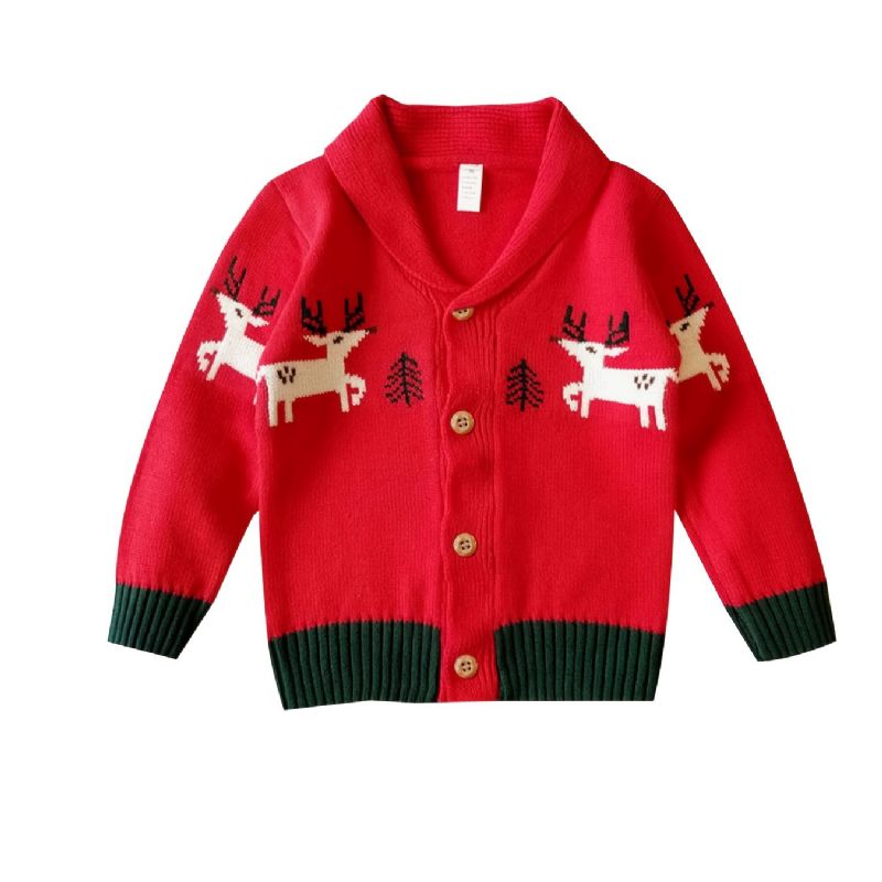 Unisex Baby Button-up Strik Cardigan Elg Mønster Sweater Til Vinter Jul