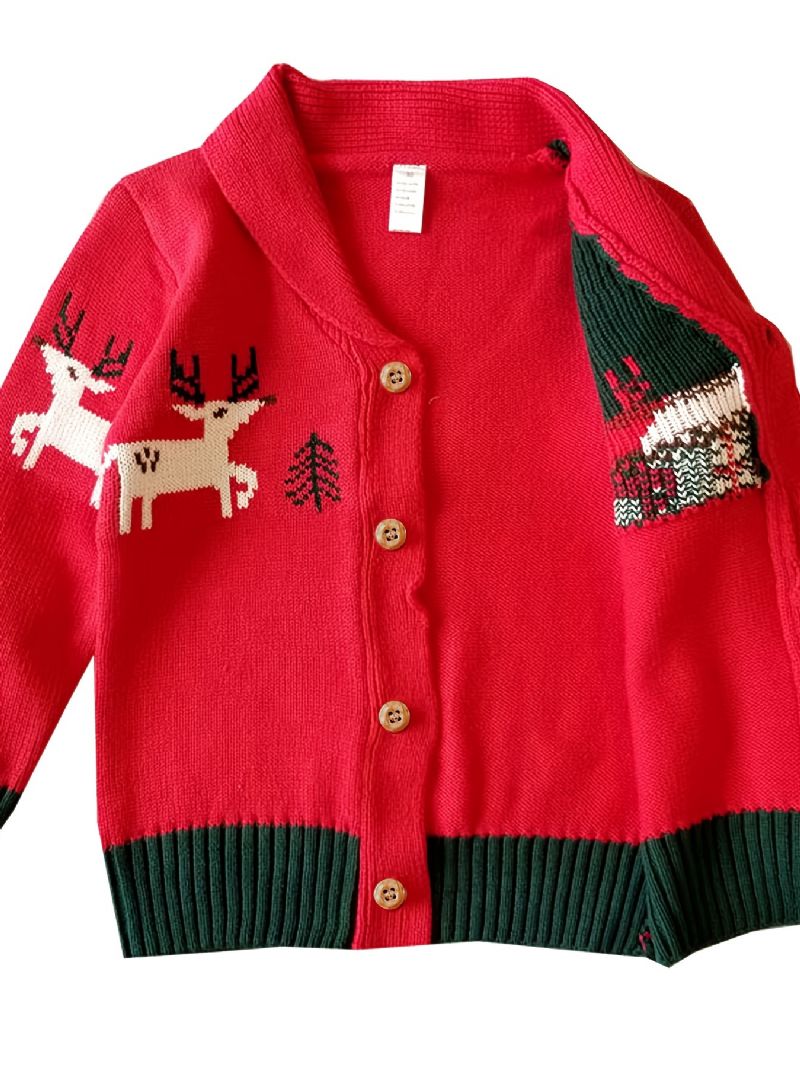 Unisex Baby Button-up Strik Cardigan Elg Mønster Sweater Til Vinter Jul