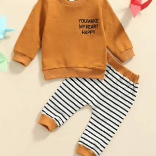 2 Stk Baby Alphabet Print Langærmet Sweatshirt & Stribede Bukser Sæt