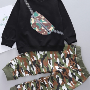 2 Stk Baby Camouflage Skoletaske Print Pullover Rundhalset Langærmet Sweatshirt & Bukser Sæt Til Drenge