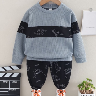 2 Stk Baby Dinosaur Print Splejsningstrøje Rundhalset Langærmet Sweatshirt & Buksesæt Til Piger Drenge