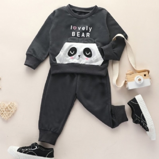 2 Stk Baby Drenge Brevtryk Panda Tegneserie Rundhalset Langærmet Pullover Sweatshirt Solid Elastisk Talje Bukser Sæt Tøj