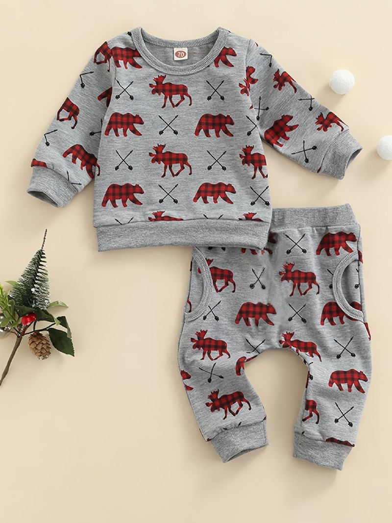 2 Stk Baby Drenge Casual Sød Juletryk Pullover Sweatshirt & Sweatpants Sæt Til Vinterfest Grå