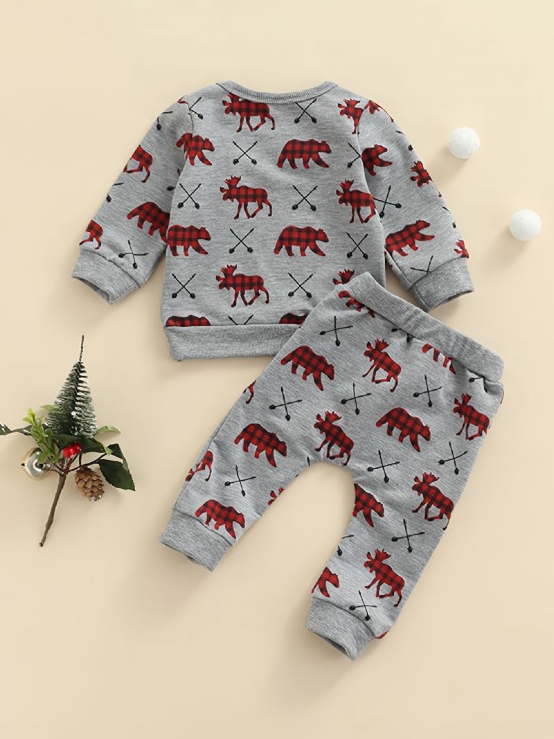 2 Stk Baby Drenge Casual Sød Juletryk Pullover Sweatshirt & Sweatpants Sæt Til Vinterfest Grå