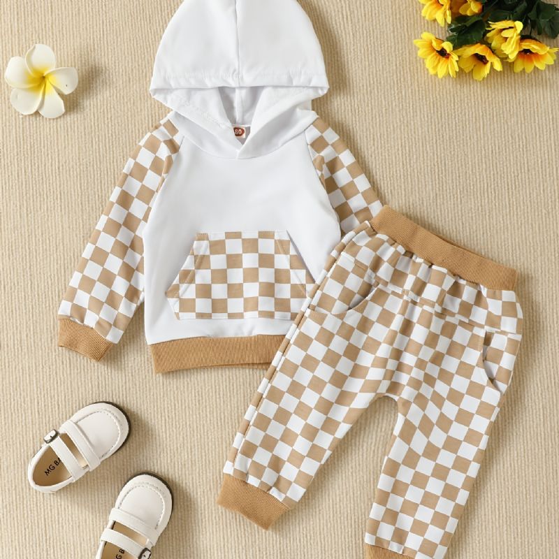 2 Stk Baby Drenge Farveblok Lomme Hættetrøje Langærmet Plaid Print Sweatshirt Top & Bukser Sæt Børnetøj