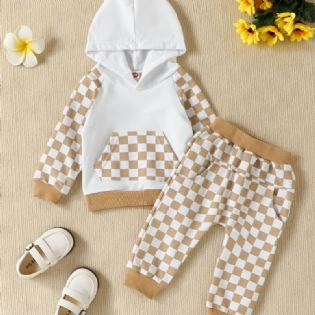 2 Stk Baby Drenge Farveblok Lomme Hættetrøje Langærmet Plaid Print Sweatshirt Top & Bukser Sæt Børnetøj