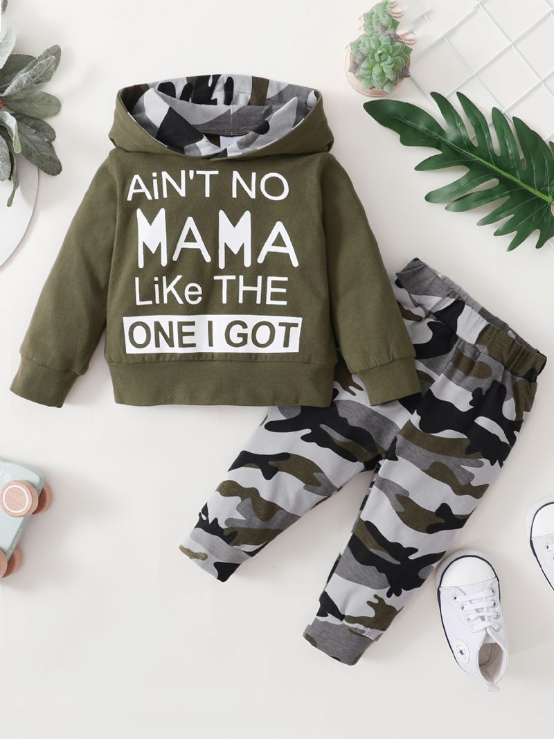 2 Stk Baby Drenge Hættetrøje Brevtryk Langærmet Sweatshirt & Camouflage Print Bukser Sæt Børnetøj