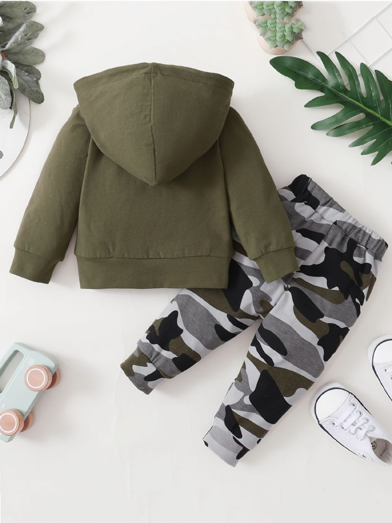 2 Stk Baby Drenge Hættetrøje Brevtryk Langærmet Sweatshirt & Camouflage Print Bukser Sæt Børnetøj