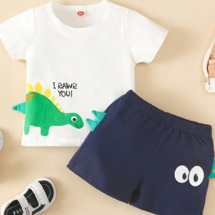 2 Stk Baby Drenge Kortærmet Dinosaur Letter Print Tee & Shorts Sæt Børnetøj