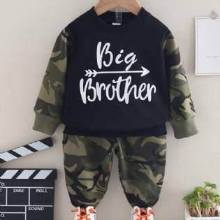 2 Stk Baby Drenge Letter Camouflage Print Pullover Rund Hals Langærmet Sweatshirt & Bukse Sæt