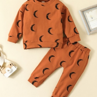 2 Stk Baby Drenge Moon Print Rundhalset Langærmet Sweatshirt & Buksesæt