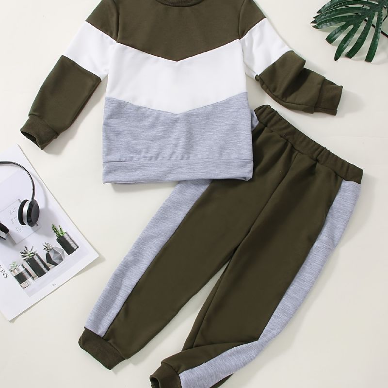 2 Stk Baby Drenge Patchwork Pullover Rundhalset Langærmet Sweatshirt & Buksesæt