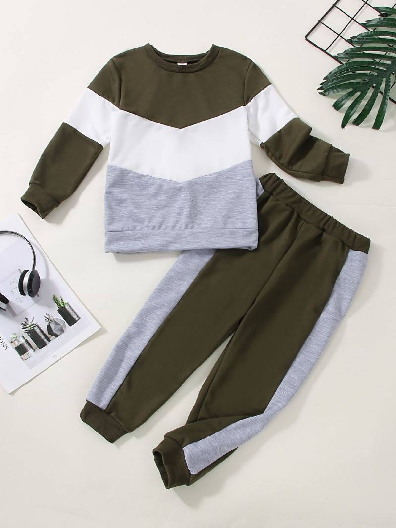 2 Stk Baby Drenge Patchwork Pullover Rundhalset Langærmet Sweatshirt & Buksesæt