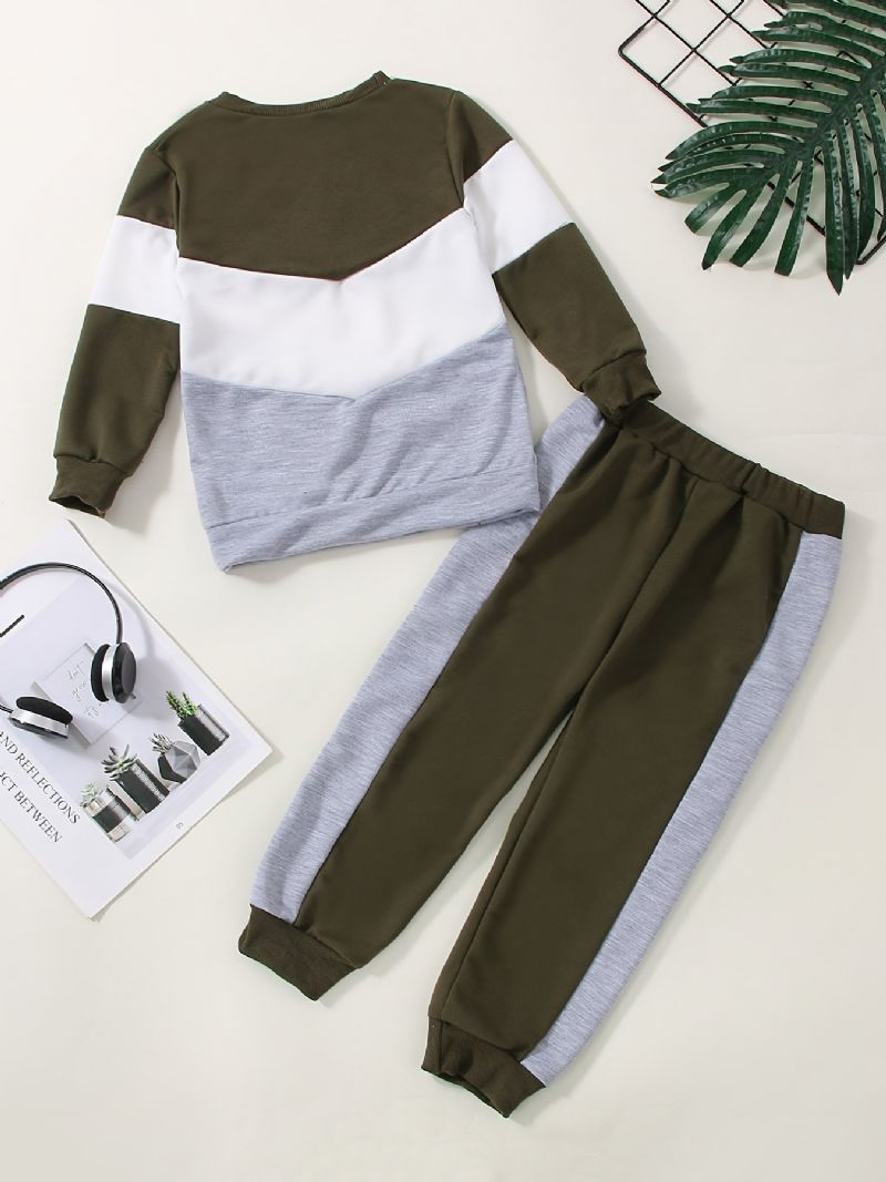2 Stk Baby Drenge Patchwork Pullover Rundhalset Langærmet Sweatshirt & Buksesæt