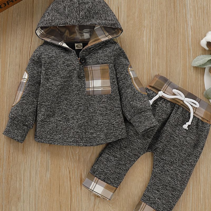 2 Stk Baby Drenge Plaid Printede Hættetrøjer Vinter Sweatshirt & Kontrast Trim Sæt