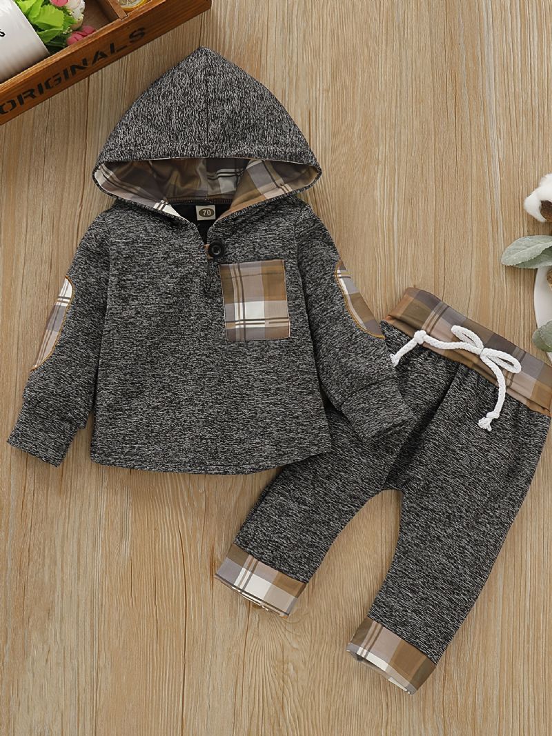 2 Stk Baby Drenge Plaid Printede Hættetrøjer Vinter Sweatshirt & Kontrast Trim Sæt