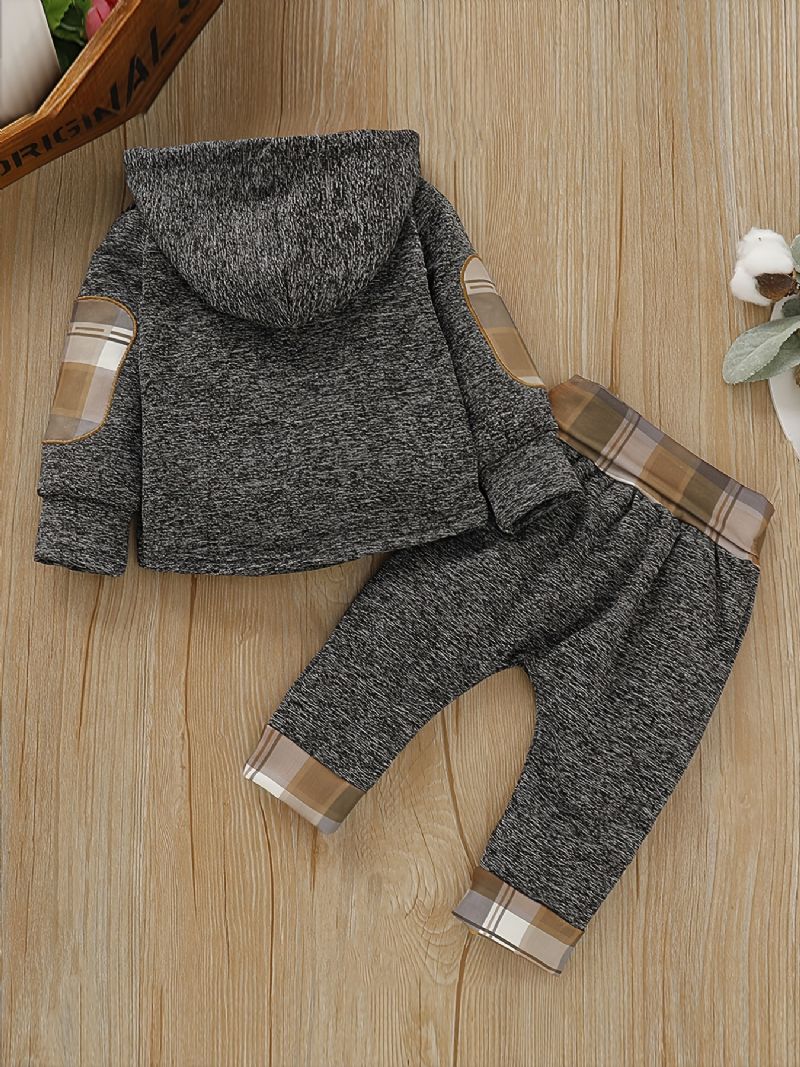 2 Stk Baby Drenge Plaid Printede Hættetrøjer Vinter Sweatshirt & Kontrast Trim Sæt
