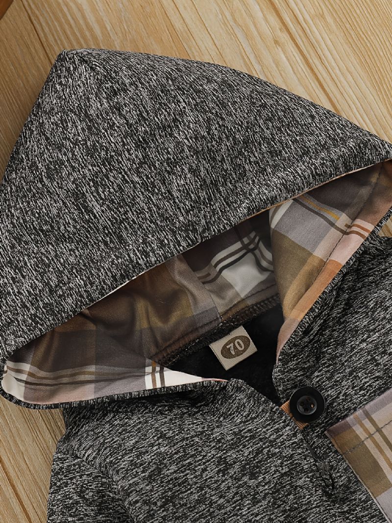 2 Stk Baby Drenge Plaid Printede Hættetrøjer Vinter Sweatshirt & Kontrast Trim Sæt