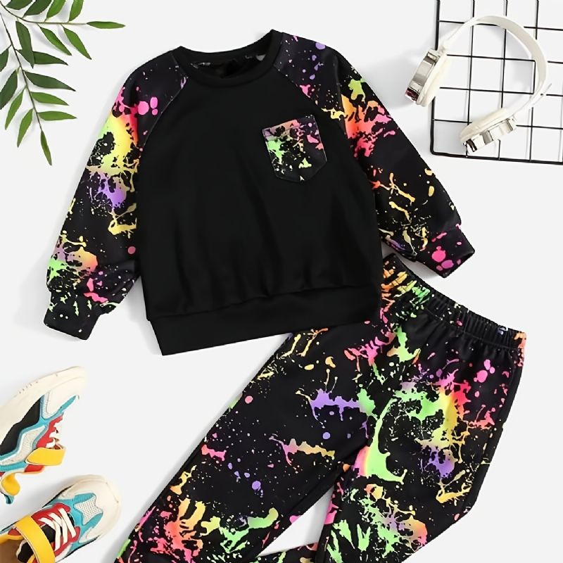 2 Stk Baby Drenge Print Pullover Rund Hals Langærmet Sweatshirt & Buksesæt Børnetøj