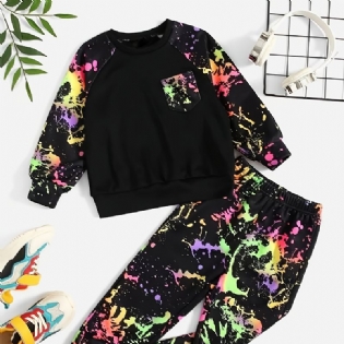 2 Stk Baby Drenge Print Pullover Rund Hals Langærmet Sweatshirt & Buksesæt Børnetøj