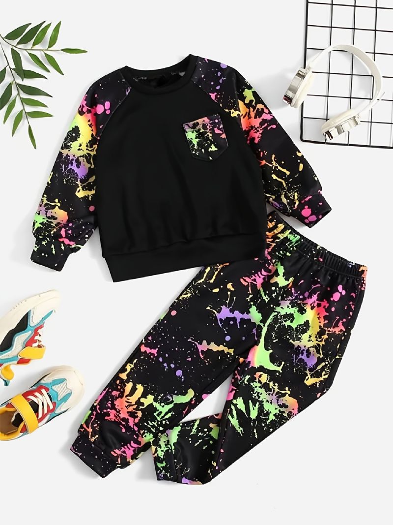 2 Stk Baby Drenge Print Pullover Rund Hals Langærmet Sweatshirt & Buksesæt Børnetøj