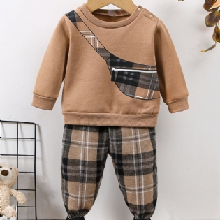 2 Stk Baby Drenge Pullover Print Langærmet Rundhalset Sweatshirt & Bukser Sæt