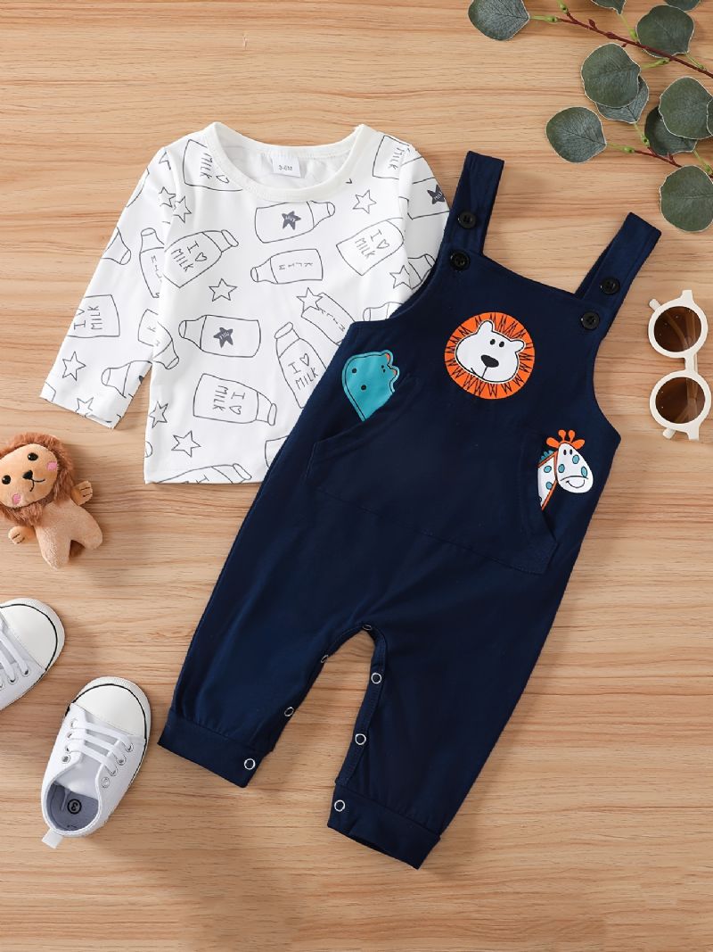 2 Stk Baby Drenge Søde Mælkeflaske Print Toppe & Dyreprint Hagesmæk Bukser Sæt Til Vinter