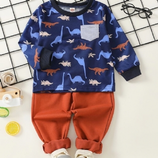2 Stk Baby Drenge T-shirt Dinosaur Print Rundhalset Langærmede Top & Buksesæt Børnetøj