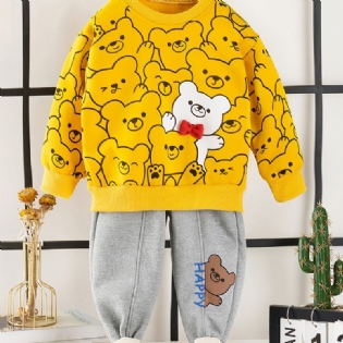 2 Stk Baby Drenge Tegneserie Bjørnetryk Pullover Med Rund Hals Langærmet Sweatshirt Og Buksesæt Børnetøj